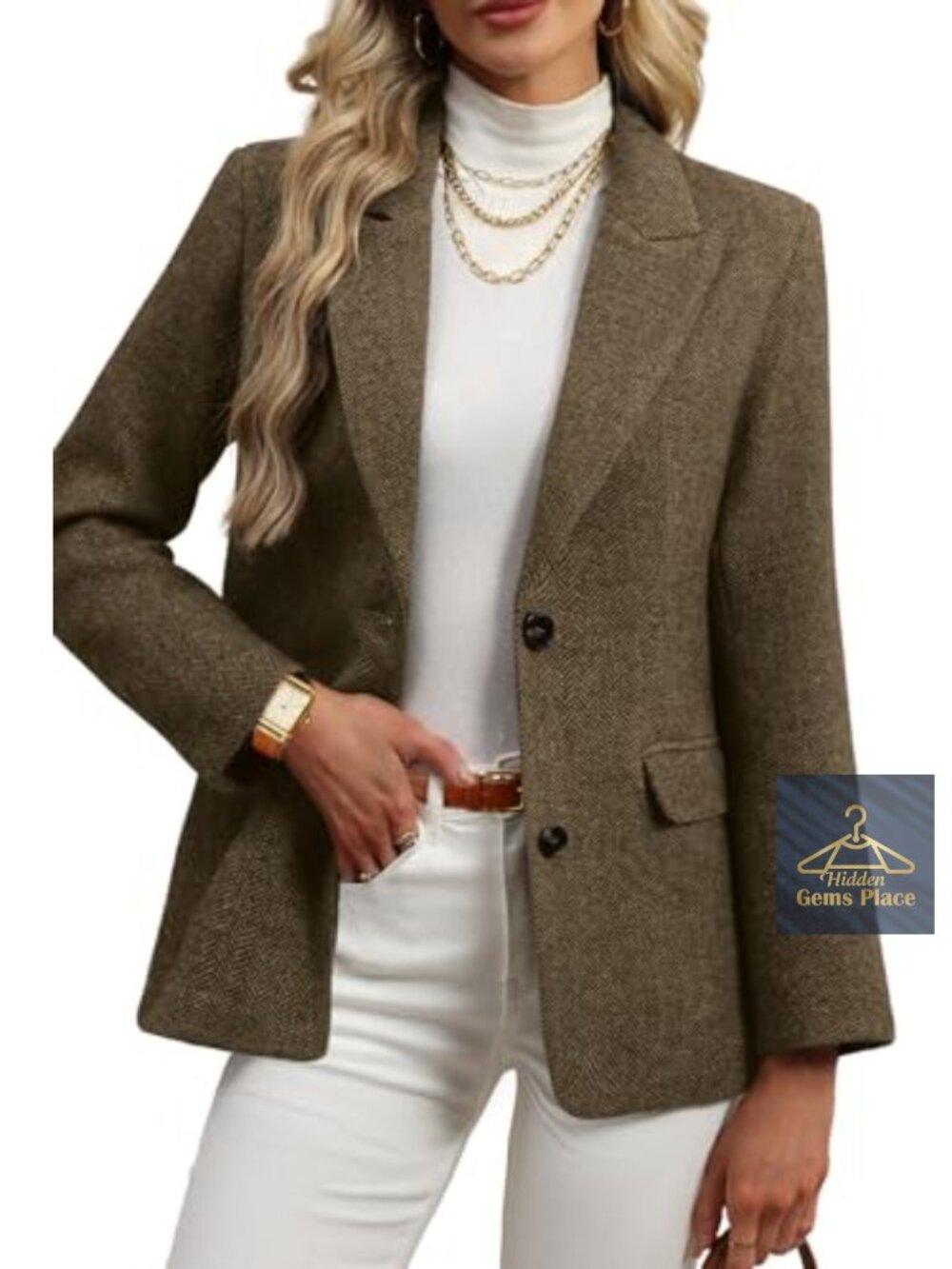 Wool Blend Herringbone Tweed Blazer for Women Notch Lapel